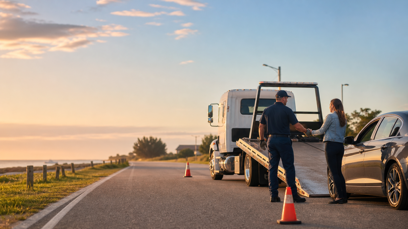 A professional tow operator helping a driver beside a flatbed tow truck near a coastal road.
